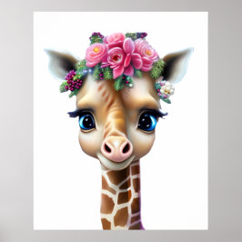 Söt baby-giraff med blommor och järnek poster