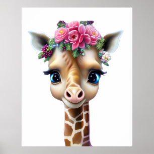 Söt baby-giraff med blommor och järnek poster
