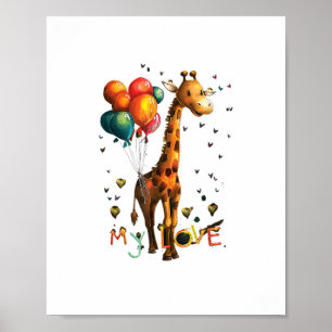 Söt baby-giraff med färgglada ballonger och livful poster