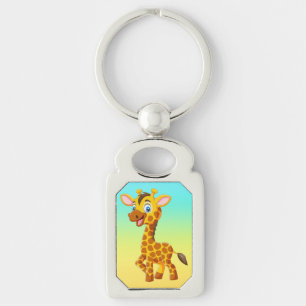 Söt baby-giraff som ler tecknad-35280 rektangulärt silverfärgad nyckelring