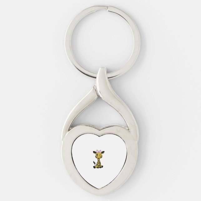 Söt Baby Giraffe med rosa båge Twisted Heart Silverfärgad Nyckelring (Framsidan)