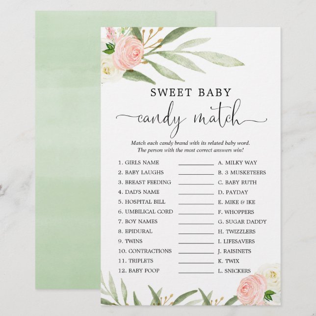 Söt baby-godismatchen duschspel rosa greenery (Fram/baksida)
