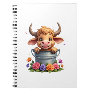 Söt baby Highland ko med blommor Kalv Djur co Anteckningsbok