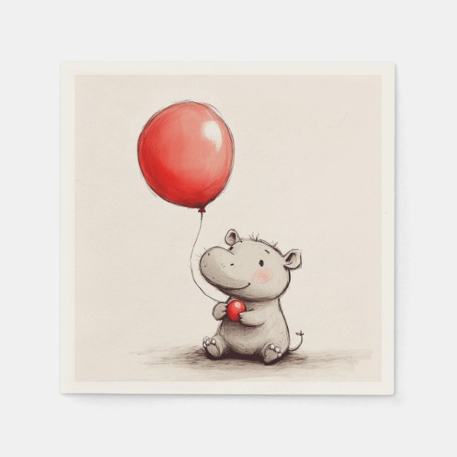 Söt Baby Hippo med Red Balloon Papper Pappersservett (Framsidan)