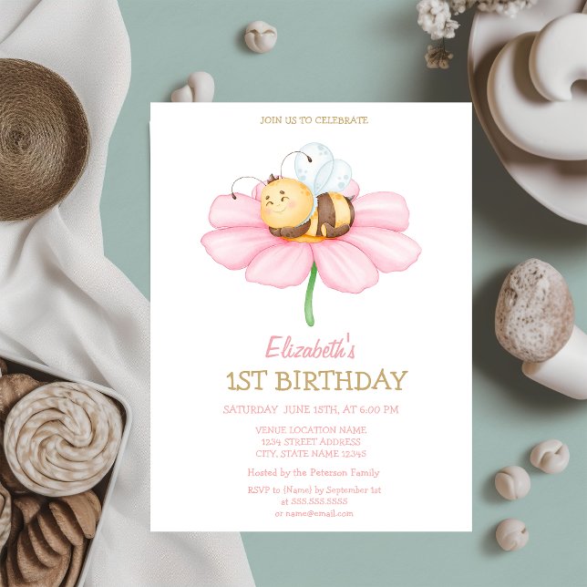 Söt Baby Honungsbin Flower Stripe Birthday Inbjudningar (Skapare uppladdad)