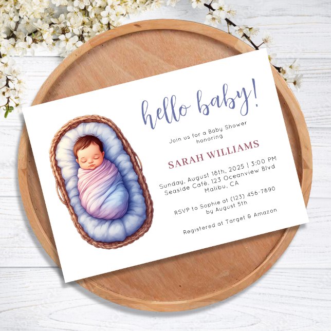 Söt Baby i Basket könsuppehållande babyskor för sp Inbjudningar (Sweet Baby in Basket Gender Neutral Baby Shower Invitation)