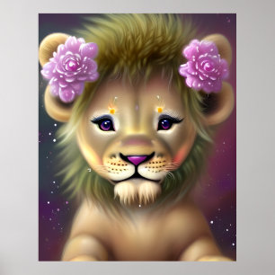 Söt baby-lejon med rosa blommor grafik poster