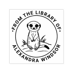 Söt baby mangust stående bibliotek boknamn självfärgande stämpel