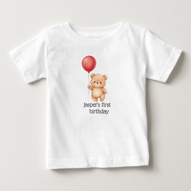 Söt baby med röd ballong och födelsedags hatt t shirt (Framsida)