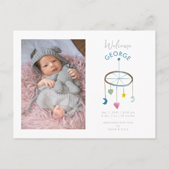 Söt baby mobil foto baby tillkännagivande meddelande vykort (Framsida)