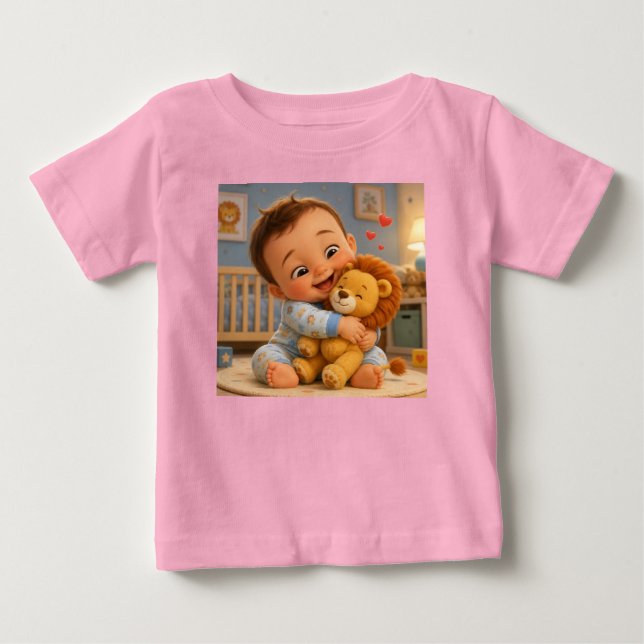 Söt Baby och Lejon Leksak Tecknad T-Shirt (Framsida)