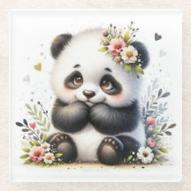 Söt baby-panda blommig underlägg | Kawaii akvarell