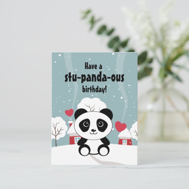 Söt baby panda i vinter snö grå vykort (Stående Fram)