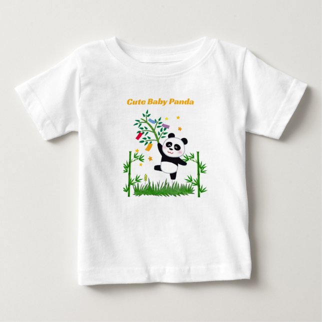 Söt Baby Panda med Bambu Illustrerad T-Shirt | (Framsida)