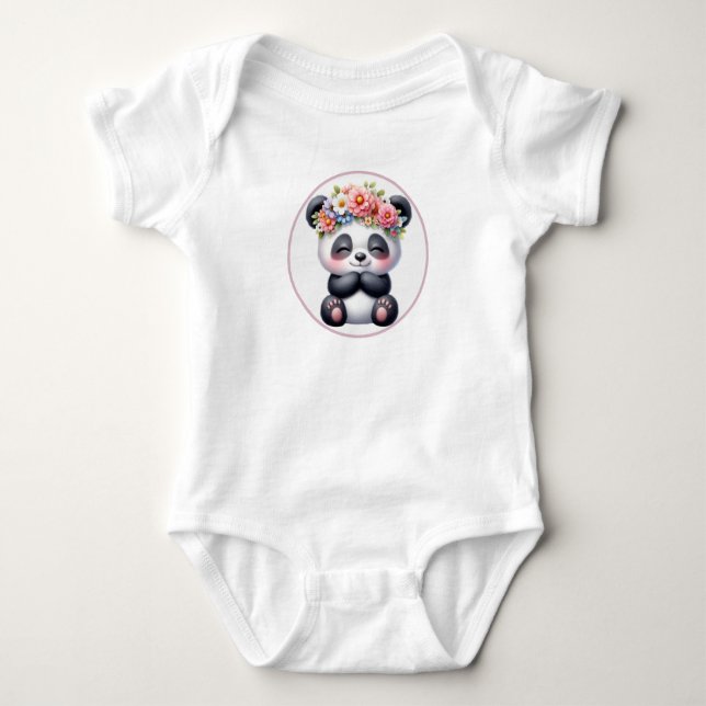 Söt baby-panda med blomkrona, Onesie för bebisar T Shirt (Framsida)
