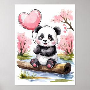 Söt baby panda med hjärtballong - akvarell poster