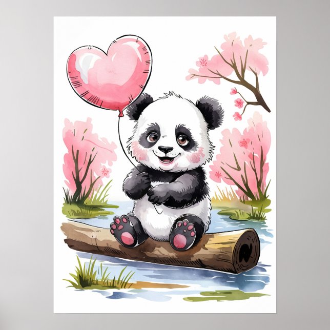 Söt baby panda med hjärtballong - akvarell poster (Framsidan)