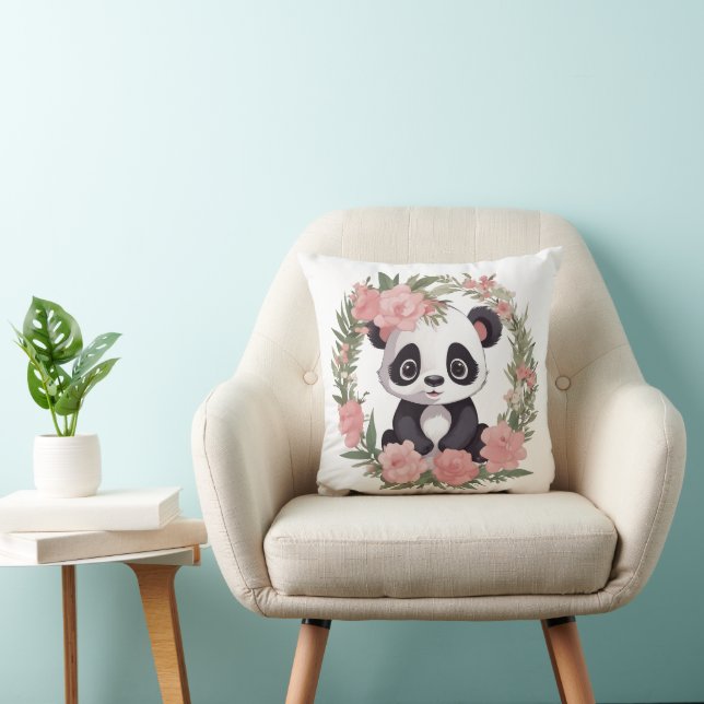 Söt baby pandabjörn med blommor kudde (Stol)