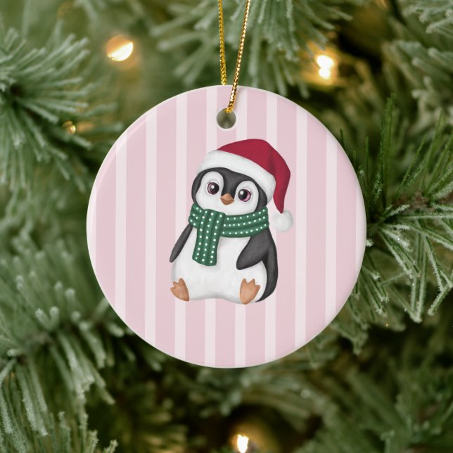 Söt baby pingvin som bär tomtehatt jul julgransprydnad keramik (Träd)