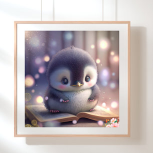 Söt baby pingvin som läser en bok Konst Barnkammar Poster
