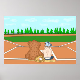 Söt baby pojke i basebollmössa bredvid teddybjörn poster