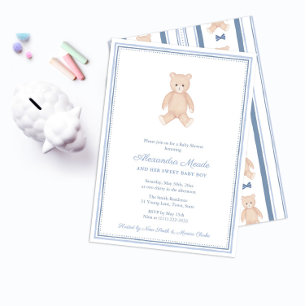 Söt Baby Pojke Teddybjörn Baby Shower-fest Inbjudningar