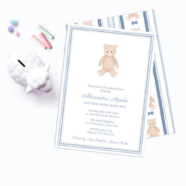 Söt Baby Pojke Teddybjörn Baby Shower-fest Inbjudningar (Nostalgic Baby Shower invitations for boy featuring a hand painted watercolor teddy bear)