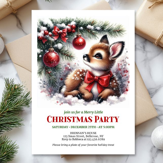 Söt baby rådjur jul inbjudan för barn redigerbar (Sweet baby fawn Christmas kids invitation editable template)