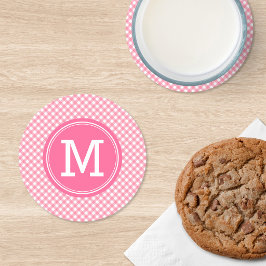 Söt baby rosa gingham-personalisering monogram underlägg papper rund