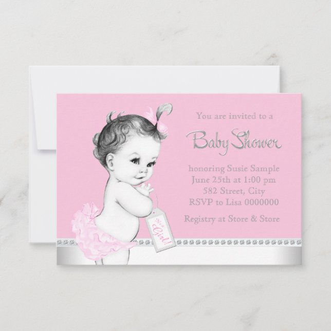 Söt baby rosa och grå baby shower inbjudningar (Framsida)