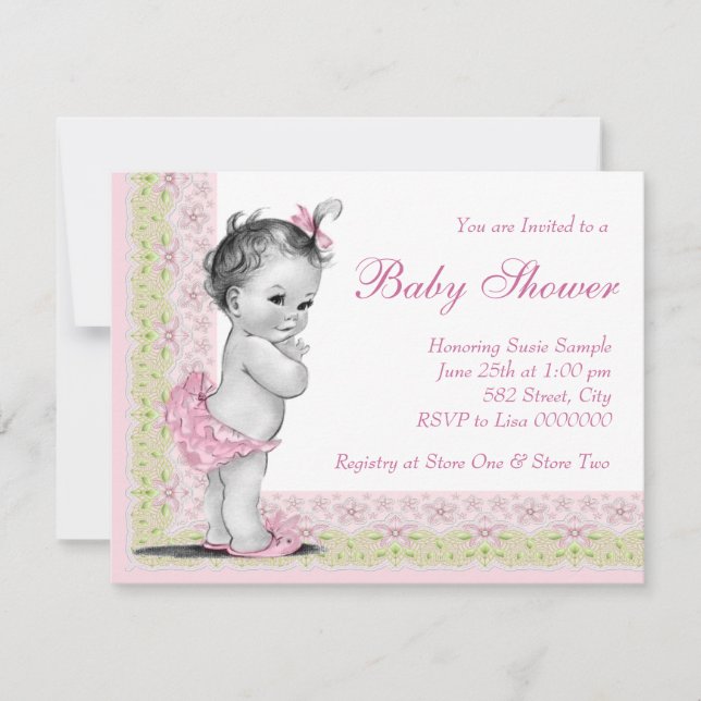 Söt baby rosa och grön baby shower inbjudningar (Framsida)