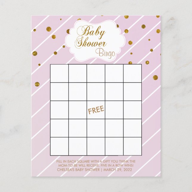 Söt Baby Rosa och Guld Baby Shower - Bingo Flygblad (Framsidan)