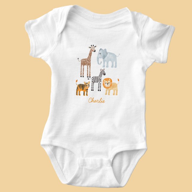 Söt Baby Safari Djur Vattenfärg Anpassat Namn T Shirt (Fun cute watercolor baby safari animals baby body suit)
