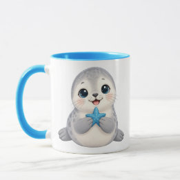 Söt baby säl med blå sjöstjärna mugg