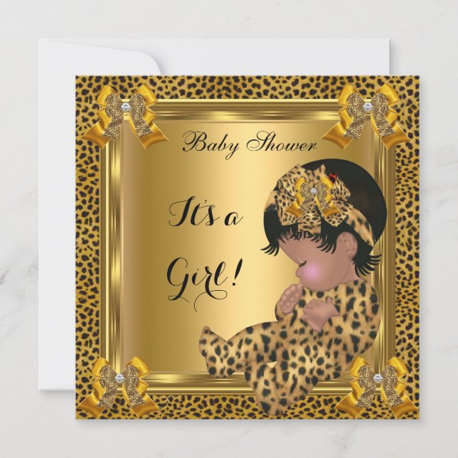 Söt Baby Shower Baby Flicka Leopard Guld Inbjudningar (Framsida)