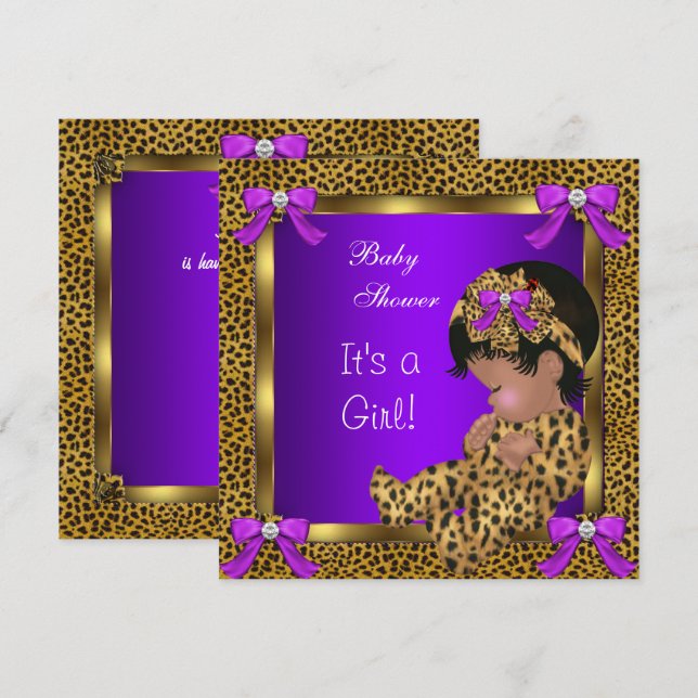Söt Baby Shower Baby Flicka Leopard Lila Guld 2 Inbjudningar (Fram/baksida)