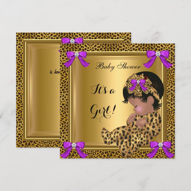 Söt Baby Shower Baby Flicka Leopard Lila Guld 4 Inbjudningar (Fram/baksida)