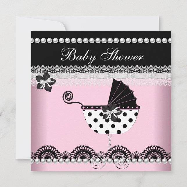 Söt Baby Shower Baby Flicka Rosa Svart Pärl Inbjudningar (Framsida)