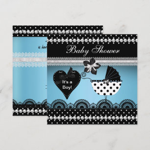 Söt baby shower baby pojke blå svart fläck 2 inbjudningar