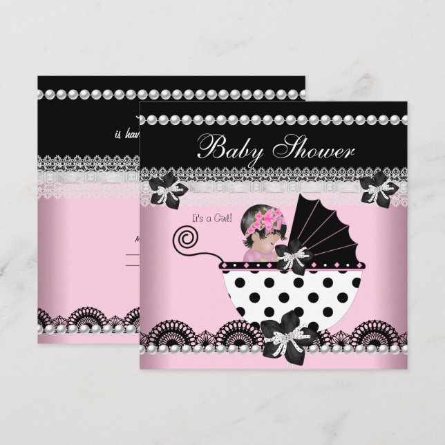 Söt baby shower babyflicka rosa svart pärl inbjudningar (Fram/baksida)