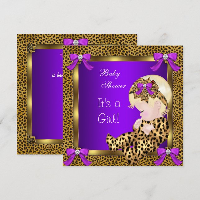 Söt Baby Shower Bebis Flick Leopard Lila Guld 3 Inbjudningar (Fram/baksida)
