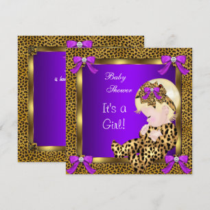 Söt Baby Shower Bebis Flick Leopard Lila Guld 3 Inbjudningar