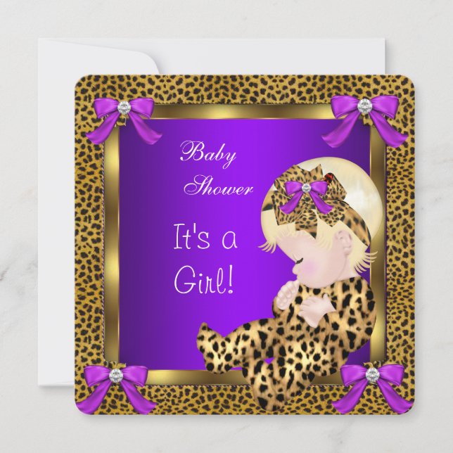 Söt Baby Shower Bebis Flick Leopard Lila Guld 3 Inbjudningar (Framsida)
