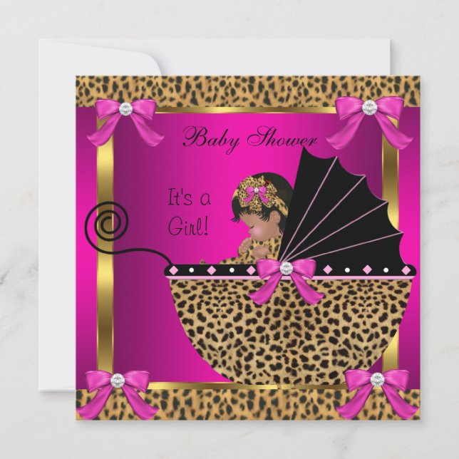 Söt Baby Shower Bebis Flick Leopard Rosa Guld Inbjudningar (Framsida)
