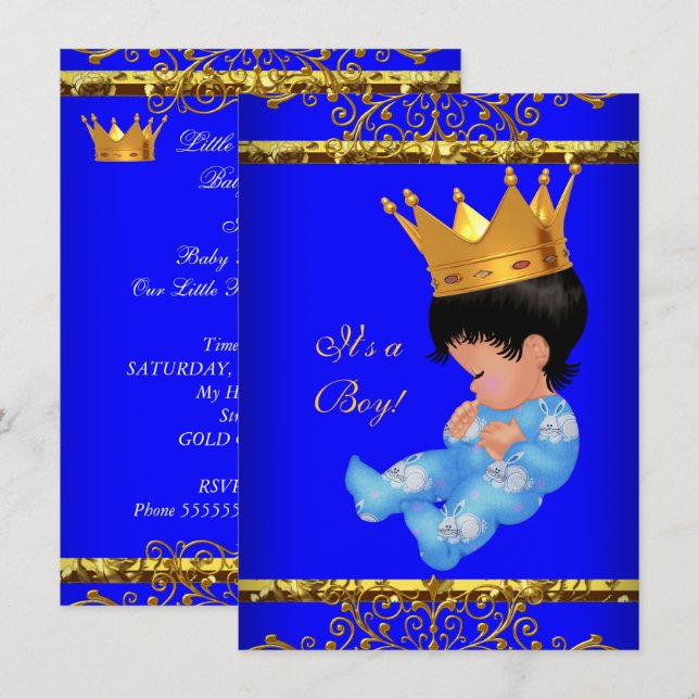 Söt baby shower blå guld pojke prins krona 4 inbjudningar (Fram/baksida)