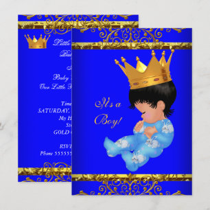 Söt baby shower blå guld pojke prins krona 4 inbjudningar