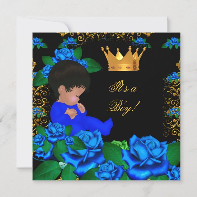 Söt baby shower blå guld pojke prins krona 8 inbjudningar (Framsida)