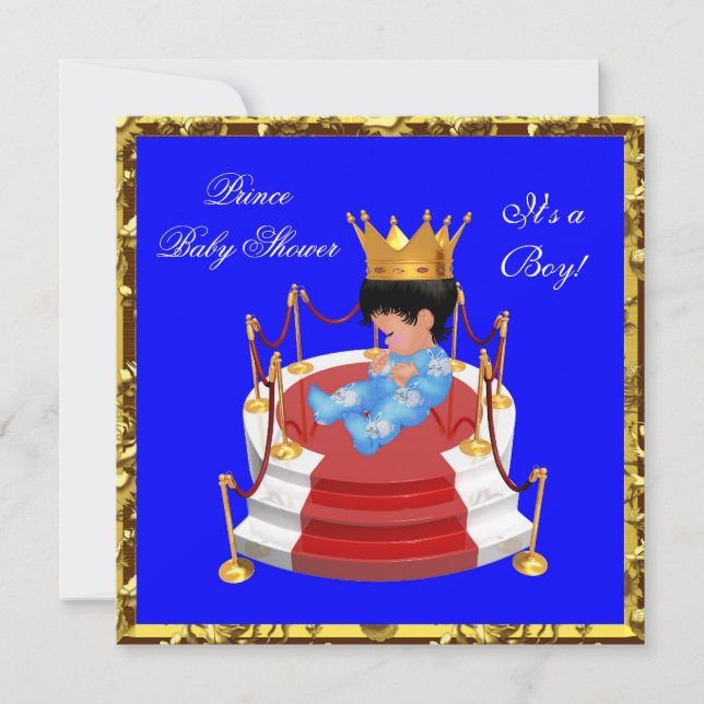 Söt baby shower blå guld pojke prins krona inbjudningar (Framsida)