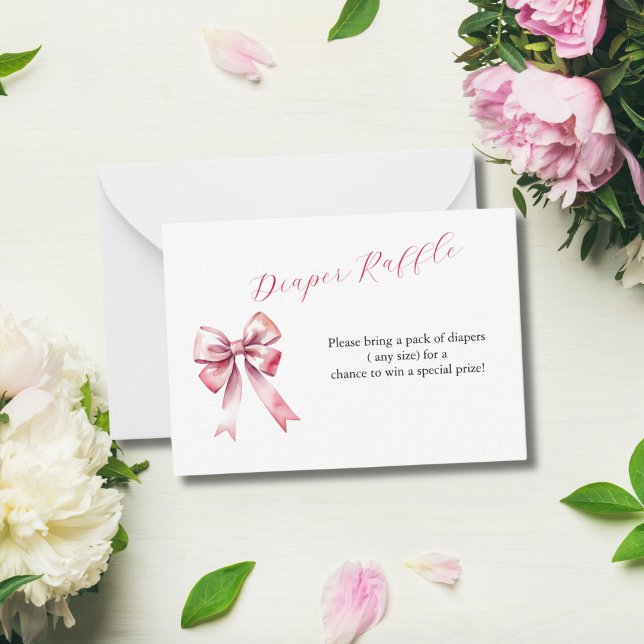 Söt baby shower blöja lotteri kort med rosa rosett (Pink Bow Coquette aesthetic Baby shower Diaper Raffle card)