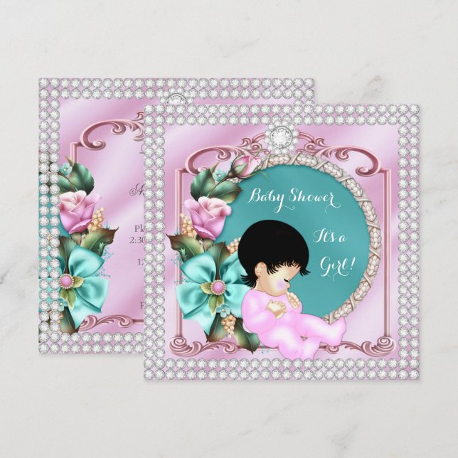 Söt Baby Shower Blommigt Teal Rosa Brunette Baby Inbjudningar (Fram/baksida)